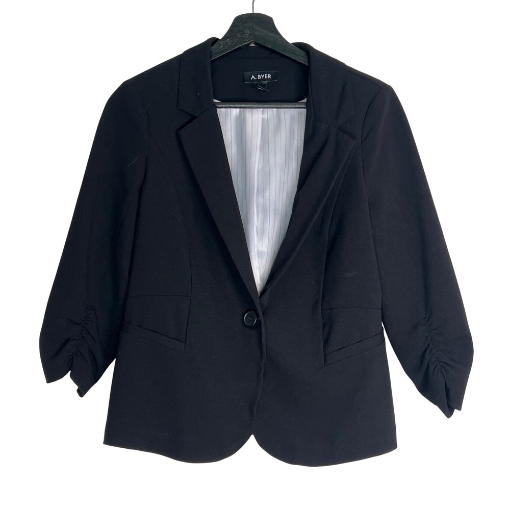 A. Byer Womens Black Ruched 3/4 Sleeve Single Button Blazer Jacket Size M